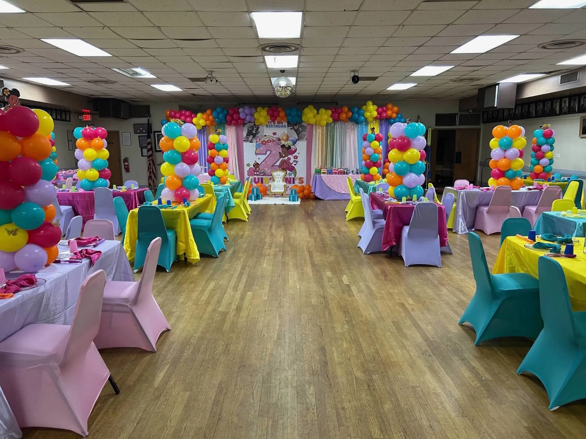 Centered wide view of the complete colorful birthday event room