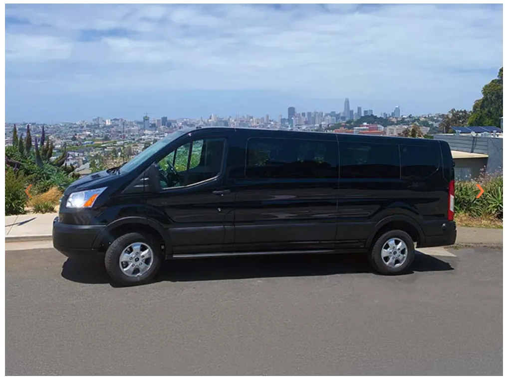 Black transit van mockup for Chantal's Delivery Services with city skyline background